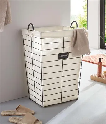 Produktbild von Wäschekorb "Laundry" aus Metall in matt schwarz, mit Canvas Stoffeinsatz, 61 cm hoch, Wäschesammler, Wäschebox
