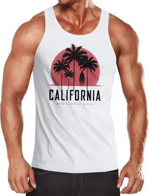 Produktbild von Herren Tank-Top California Palmen Santa Monica Beach Sommer Sonne Muskelshirt Muscle Shirt Neverless® weiß M