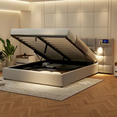 Immagine prodotto di Letto imbottito Abrihome 180x200cm con USB e LED, letto idraulico matrimoniale con rete a doghe e contenitore, PU, grigio