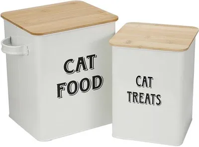 Productafbeelding van Ibenzoa® Witte 2-delige set voor het n van voer, gemaakt van koolstofstaal, met een luchtdicht houten deksel en een schep. Afmetingen: VOER 20 x 18 x 23 cm, SNACKS 15 x 15 x 20 cm