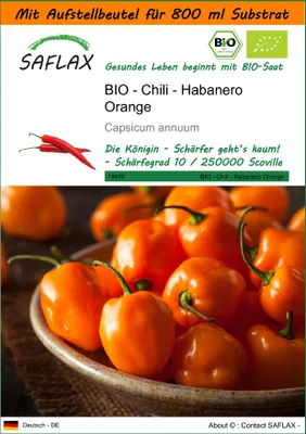 Produktbild von SAFLAX - Garden in the Bag - BIO - Chili - Habanero Orange - 20 Samen - Mit Anzuchtsubstrat im praktischen, selbst aufstellenden Beutel - Capsicum annuum