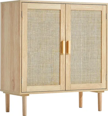 Image de Armoire de rangement en rotin avec 2 portes magnétiques et étagères réglables Naturel