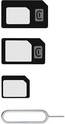Three different sizes of SIM cards and a SIM ejector tool.