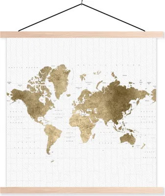 Produktbild von MuchoWow® Textilposter Weltkarte - Glitter - Gold 40x40 cm mit holzfarbenen Rahmen - Posterleiste