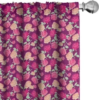 Produktbild von ABAKUHAUS Rose Vorhänge, Gardinen, Blühender romantischer Valentinsgruß-Tagesthemen-Blumen-weiblicher Art-Blüte, 2 Stück 75 x 175 cm, Magenta Pfirsich und Grün