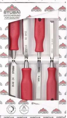 Immagine prodotto di STUBAI 3540 Set di scalpelli Set di scalpelli con manico in plastica rossa e lama extra lunga, 4 pezzi (12,16,20,24 mm), scalpelli per la lavorazione precisa del legno Strumento di alta qualità per falegnami falegnami fai da te