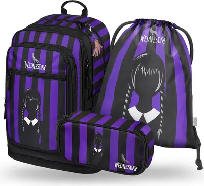 A set of three school bags with a Wednesday Addams theme, including a backpack, a pencil case, and a drawstring bag.