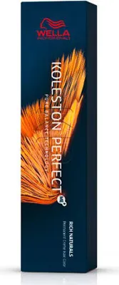A product box for Wella Koleston Perfect hair dye, with an abstract orange design.