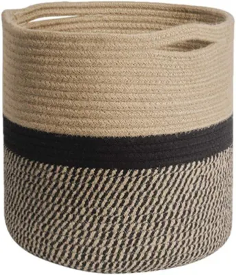 Image de Pot de fleurs en panier tressé, grand modèle - Panier de rangement avec couvercle - Panier en corde de coton - Pliable - 30 x 30 cm - Adapté pour un pot de fleurs de 25 cm