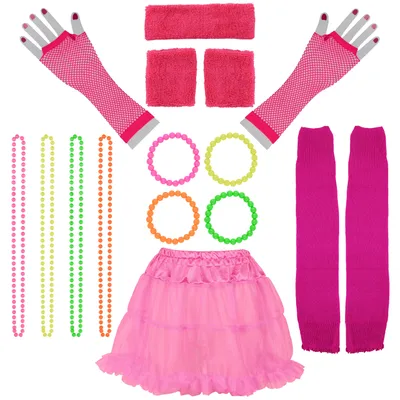 Produktbild von 16 teiliges 80er Jahre Kostüm Set für Damen - Ketten, Tutu, Netzhandschuhe, Armbänder, Stulpen, Schweißbänder