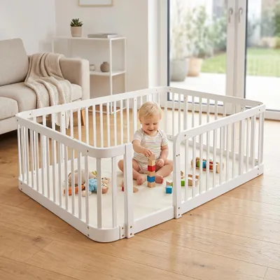 Productafbeelding van 140x200 cm witte, modulaire omheining voor baby's en huisdieren, met een veiligheidsafstand van 7 cm. Afgeronde hoeken, bescherming tegen beknelling, en een design dat dicht bij de grond ligt, AI-gegenereerde afbeelding
