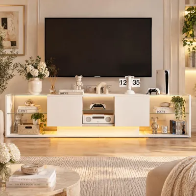 Immagine prodotto di Mobile TV INONEFT, finitura lucida, con illuminazione LED, mobile basso TV con 2 cassetti e vano contenitore in vetro temperato, dimensioni 200 x 35 x 45 cm, colore bianco