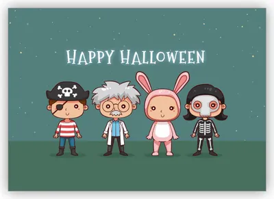 Produktbild von Niedliche Halloweenkarte mit verkleideten Kindern: Happy Halloween