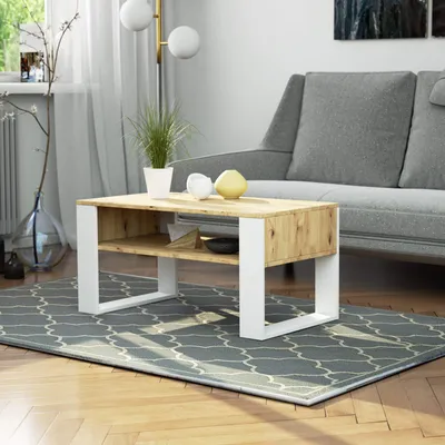 Produktbild von Couchtisch – Wohnzimmertisch – Kaffetisch für Wohnzimmer – DOMI – Artisan Eiche / Weiß – 92 cm – Moderner Wohnzimmertisch mit praktischer Ablage