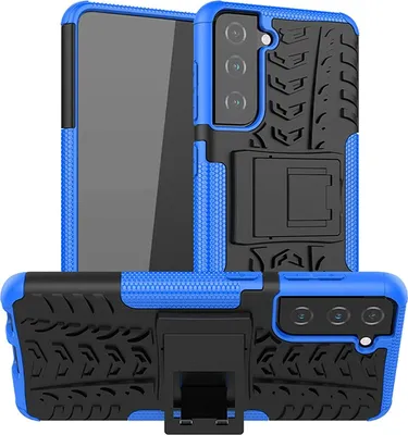A blue and black phone case with a kickstand is shown from multiple angles.