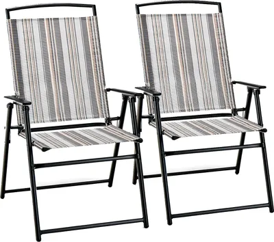 Produktbild von GOPLUS 2er Set Gartenstühle klappbar, Klappstuhl mit Hochlehner & bequemer Armlehne, 61,5 x 51 x 92 cm, Grau mit Vertikalen Streifen