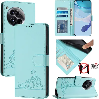 Produktbild von Leder Hülle für OnePlus 12 Süße Katze Flip Case Brieftasche Schutzhülle mit Standfunktion hellgrün