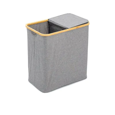 A grey fabric laundry sorter with a wooden rim and a lid, shown against a white background.