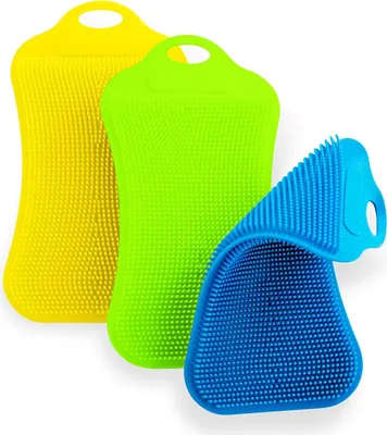 Obrázek produktu pro Silikonové houbičky, silikonové houbičky vhodné pro potraviny, oboustranné silikonové houbičky na nádobí, hrnce, zeleninu a ovoce, opakovaně použitelné čisticí prostředky, prvotřídní kuchyňští pomocníci bez BPA (balení 3 ks)