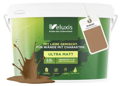Produktbild von Wandfarbe Braun Beige Gold Matt Innenfarbe – Deckkraft Klasse 1, VOC-frei, Ohne Grundierung, Tropfarm – Wohnzimmer & Schlafzimmer – 2,5L – Veluxis (Certain Cinnamon)