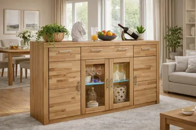 A wooden sideboard in a dining room setting, with a dining table and chairs in the background and a sofa in the background.