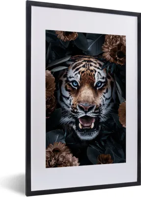 Produktbild von MuchoWow® MuchoWow® Gerahmtes Poster Porträt - Tiger - Blumen 40x60 cm - Poster mit zchwarzem Bilderrahmen - Poster in Rahmen