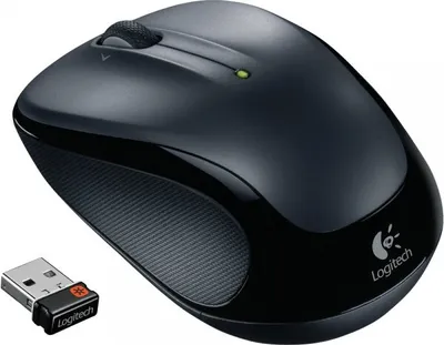 A black Logitech wireless mouse and its USB receiver are shown on a white background.