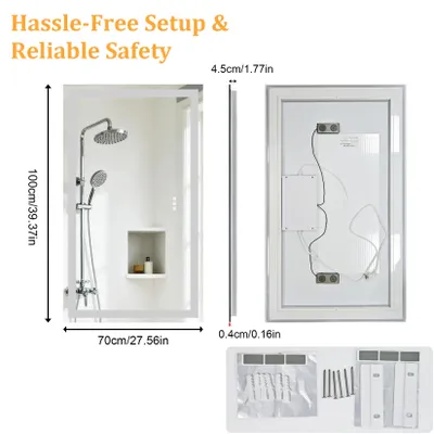 Produktbild von LED Badspiegel - Rechteckiger Wandspiegel 100x70 cm - 3 Farbtemperaturen dimmbar - Bluetooth - Beschlagfrei - Memory-Funktion - Gehärtetes Glas - Rahmenlos