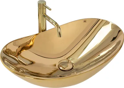 Produktbild von rea Royal Gold Oval Aufsatzwaschbecken, Sanitärkeramik, L 605 mm, B 360 mm, T 100 mm, H 160 mm, schmutz- und kratzfest, pflegeleicht, ohne Armaturloch, ohne Überlauf, Abfluss Ø 45 mm.