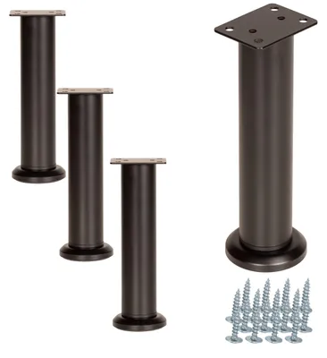 Zdjęcie produktu dla Zestaw 4 regulowanych nóżek meblowych o wysokości 18–31,5 cm, metalowe, czarne matowe, proste – do 150 kg, wraz z zestawem śrub