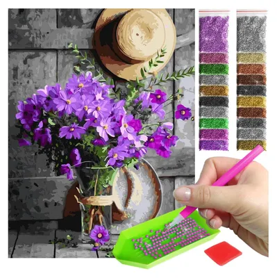Produktbild von ARTULIO Diamond Painting Set – Vase mit lilafarbenen Blumen – 30 x 40 cm – 5D Diamantbild, DIY Diamond Painting für Erwachsene