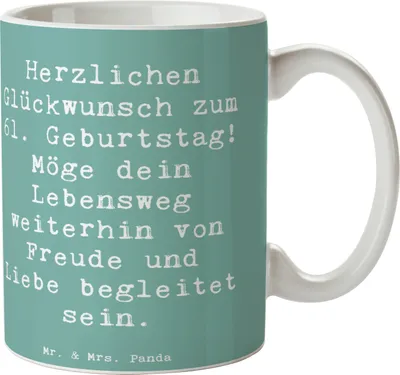 Produktbild von Mr. & Mrs. Panda Kaffeebecher Spruch 61. Geburtstag - Meeresbrise - Geschenk, Geburtstagsgeschenk, cappuccinotasse, Happy Birthday, personalisierte Geschenke, Kaffeetasse