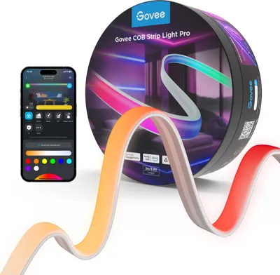 A Govee COB Strip Light Pro product shot, featuring the light strip, its packaging, and a smartphone displaying the Govee app.