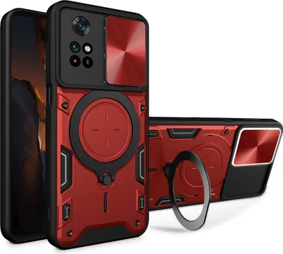 Produktbild von Handyhülle für Xiaomi Poco M4 Pro 4G Dual-Layer Stoßfest Rüstung Hülle mit Dia Kameraschutz und Kreisförmig Ring Ständer Rot