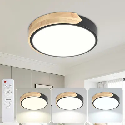 Zdjęcie produktu dla Lampa sufitowa LED Vigevee z drewna, 30 cm, 48 W, z funkcją ściemniania i pilotem, okrągła lampa do salonu, czarna, 3000–6000 K