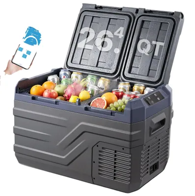 Obrázek produktu pro Autochladnička VEVOR, 12 V autochladnička, přenosná 25litrová mraznička se dvěma zónami, nastavitelný rozsah od -4℉ do 68℉, kompresorová chladnička 12/24 V DC a 100-240 V AC pro venkovní použití, kempování, obytné vozy