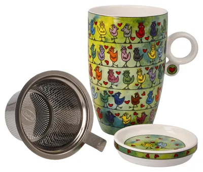 Obrázok produktu pre Goebel James Rizzi Hrnček na čaj so sitkom Vtáky na drôte lásky