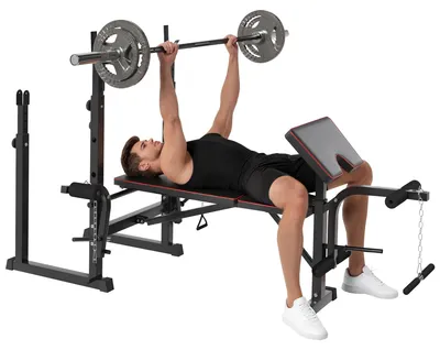 Imagen del producto de Banco de Pesas con Soportes para Barra y Respaldo Ajustable para Entrenamiento Completos de Cuerpo Negro