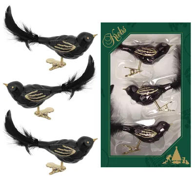 Produktbild von Krebs Glas Lauscha Christbaumschmuck 3er Set Vogel Schwarz / Gold - Größe ca. 11cm