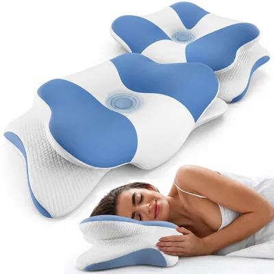 Produktbild von Set 2 orthopädische Nackenkissen zum Schlafen Linomag®, Memory-Schaum, abziehbarer Bezug, Unterstützung für Kopf, Hals, Schultern und Arme, Weiß/Pastellblau, 40 x 65 x 14,5 cm