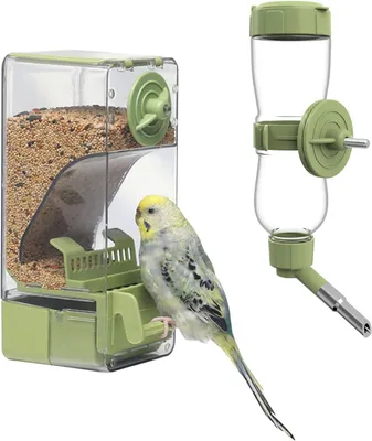 Produktbild von Vögel-Futterspender Futterspender-Wasserspender-Set, automatischer Käfig-Futterspender mit Sitzstange für Sittiche, Kanarienvögel, Hahnenfuß, Finken,