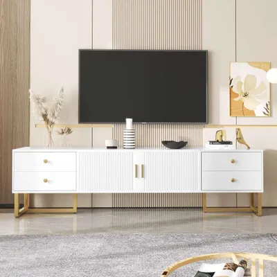 Immagine prodotto di AIORBER Mobile TV moderno con maniglie e piedini dorati, Pannello basso con cassetti - Superficie in MDF bianco, 175 cm