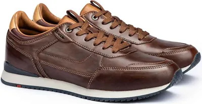 A pair of brown leather sneakers is shown against a white background.