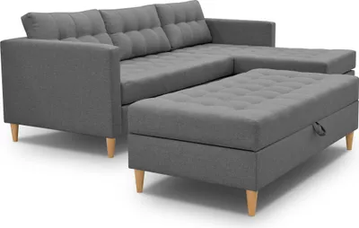 Immagine prodotto di 3xDivano angolare living MALORY - divano letto moderno con poggiapiedi, grigio, gambe in legno, pouf montabile su entrambi i lati, larghezza 220 cm, 6 varianti di colore