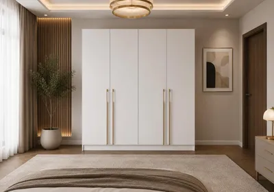 Produktbild von Kleiderschrank RIMSZA 4D Weiß 200 cm, Schlafzimmerschrank, Drehtürenschrank 4 Türen, 5 Einlegeböden, 2 Kleiderstangen
