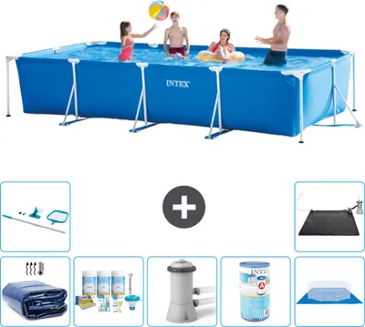 Produktbild von Intex-Schwimmbecken mit rechteckigem Rahmen – 450 x 220 x 84 cm – Blau – im Lieferumfang enthalten Sonnensegel - Wartungspaket - Filterpumpe für Schwimmbad - Filter - Bodenplane - Reinigungskit
