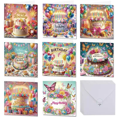 Imagen del producto de Set de tarjetas de felicitación con pintura de diamantes para cumpleaños, 8 unidades