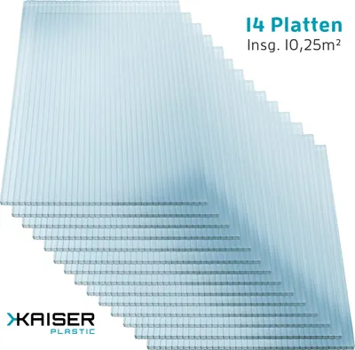 Produktbild von Kaiser plastic Gewächshausplatten 14 Stk. | Polycarbonat ( PC ) Doppelstegplatten - Hohlkammenplatten | Gewicht 700g / m2 | 1210 x 605 mm - 4mm Stärke | 10,25m2 Gesamtfläche
