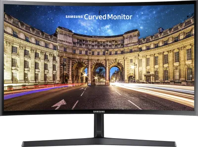 A Samsung curved monitor displaying a nighttime cityscape with a starry sky.