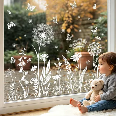 Produktbild von Fensteraufkleber, Blumen und Schmetterlinge, selbstklebend und beidseitig, weiß, für Zuhause